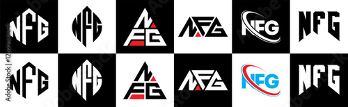 NFG letter logo design in six style. NFG polygon, circle, triangle, hexagon, flat and simple style with black and white color variation letter logo set in one artboard. NFG minimalist and classic logo