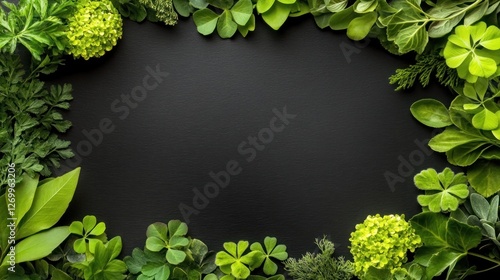 Lush Green Foliage Frame Encircles Dark Background