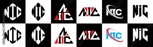 NIC letter logo design in six style. NIC polygon, circle, triangle, hexagon, flat and simple style with black and white color variation letter logo set in one artboard. NIC minimalist and classic logo