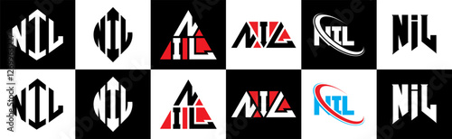 NIL letter logo design in six style. NIL polygon, circle, triangle, hexagon, flat and simple style with black and white color variation letter logo set in one artboard. NIL minimalist and classic logo