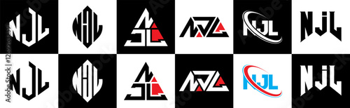NJL letter logo design in six style. NJL polygon, circle, triangle, hexagon, flat and simple style with black and white color variation letter logo set in one artboard. NJL minimalist and classic logo