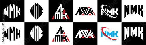 NMK letter logo design in six style. NMK polygon, circle, triangle, hexagon, flat and simple style with black and white color variation letter logo set in one artboard. NMK minimalist and classic logo