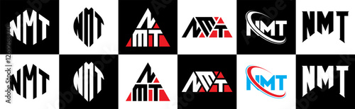 NMT letter logo design in six style. NMT polygon, circle, triangle, hexagon, flat and simple style with black and white color variation letter logo set in one artboard. NMT minimalist and classic logo