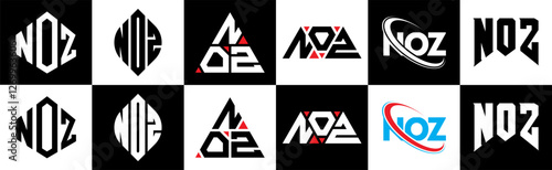 NOZ letter logo design in six style. NOZ polygon, circle, triangle, hexagon, flat and simple style with black and white color variation letter logo set in one artboard. NOZ minimalist and classic logo