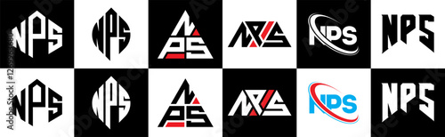NPS letter logo design in six style. NPS polygon, circle, triangle, hexagon, flat and simple style with black and white color variation letter logo set in one artboard. NPS minimalist and classic logo