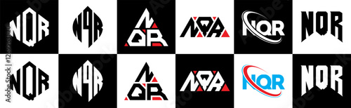 Free Download NQR letter logo design in six style. NQR polygon, circle, triangle, hexagon, flat and simple style with black and white color variation letter logo set in one artboard. NQR minimalist and classic logo - GFXLoad