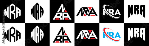 NRA letter logo design in six style. NRA polygon, circle, triangle, hexagon, flat and simple style with black and white color variation letter logo set in one artboard. NRA minimalist and classic logo