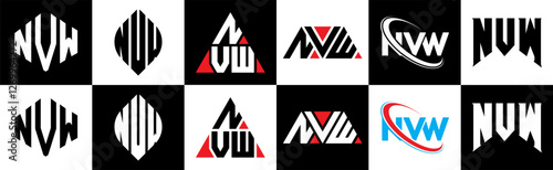 NVW letter logo design in six style. NVW polygon, circle, triangle, hexagon, flat and simple style with black and white color variation letter logo set in one artboard. NVW minimalist and classic logo
