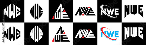 NWE letter logo design in six style. NWE polygon, circle, triangle, hexagon, flat and simple style with black and white color variation letter logo set in one artboard. NWE minimalist and classic logo
