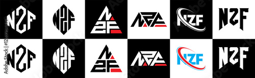 NZF letter logo design in six style. NZF polygon, circle, triangle, hexagon, flat and simple style with black and white color variation letter logo set in one artboard. NZF minimalist and classic logo