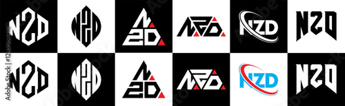 NZD letter logo design in six style. NZD polygon, circle, triangle, hexagon, flat and simple style with black and white color variation letter logo set in one artboard. NZD minimalist and classic logo