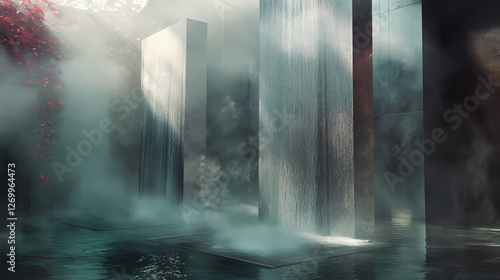 Water cascades down a glass shower door as steam rises from the warm water, creating a misty veil that shrouds the surrounding area, waterfall, mist. Glass Veil Sorcerers. Illustration