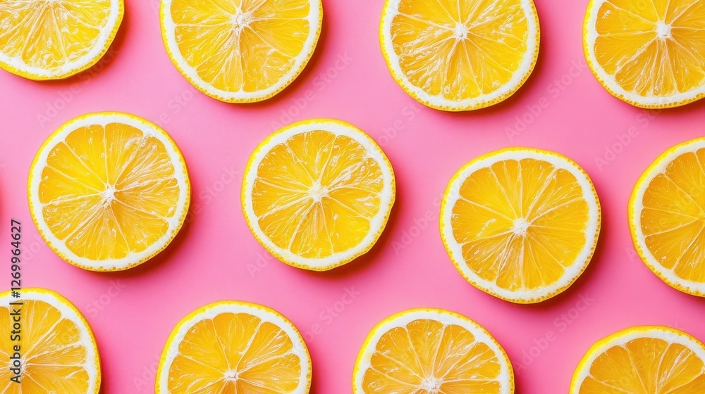 Bright and vibrant lemon slices arranged artfully on a pink background, creating a fresh and cheerful aesthetic. Bright and vibrant lemon slices arranged artfully on a pink background, creating a fresh and cheerful aesthetic.