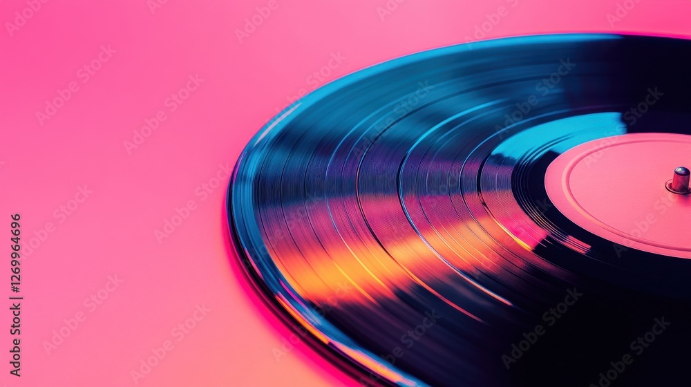A close-up of a vinyl record spinning on a turntable, showcasing vibrant pink and blue hues that create a nostalgic and lively atmosphere. A close-up of a vinyl record spinning on a turntable, showcasing vibrant pink and blue hues that create a nostalgic and lively atmosphere.