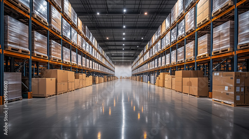 Modern warehouse interior featuring organized shelving and stacked cardboard boxes in a large storage facility