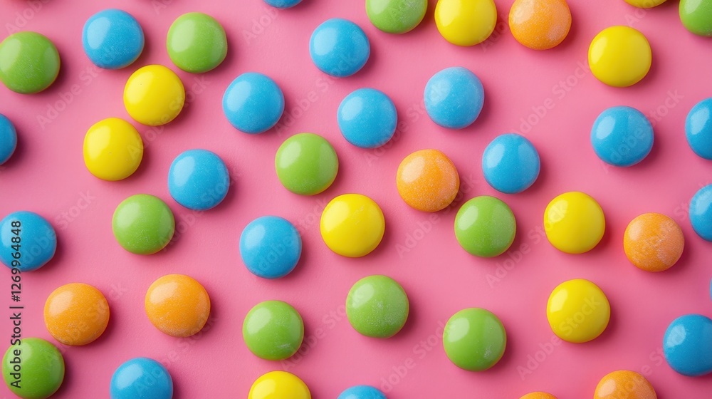 Colorful candy in various bright hues scattered on a pink background, creating a cheerful and vibrant mood. Colorful candy in various bright hues scattered on a pink background, creating a cheerful and vibrant mood.