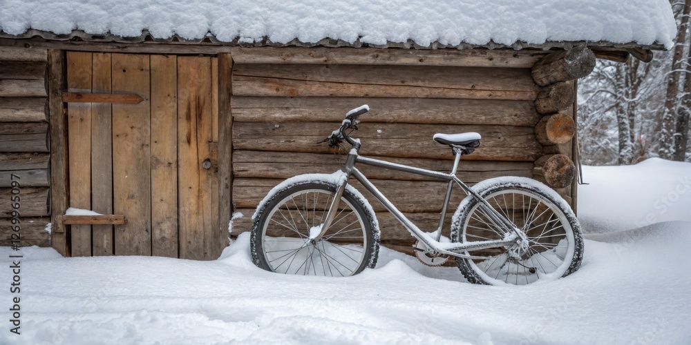 Snow-covered bicycle next to wooden cabin in winter landscape