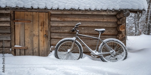 Obraz na płótnie Snow-covered bicycle next to wooden cabin in winter landscape w salonie