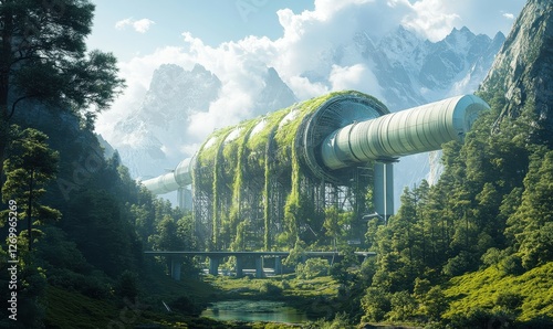 A futuristic electric power plant surrounded by nature photo