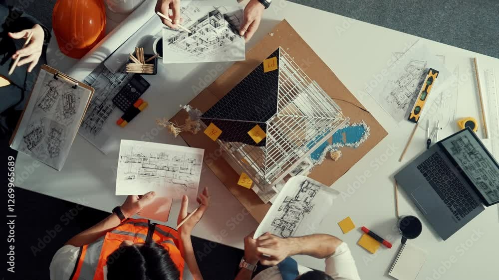 Top view of manager handed blueprint to professional engineer team at meeting table with house model and project plan. Group of architect discussing about design while receive document. Alimentation.