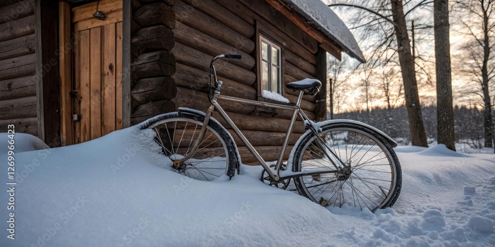 Winter scene featuring a bicycle resting in snow beside a wooden cabin at sunset in a tranquil forest setting