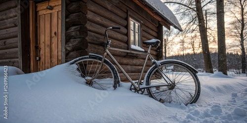 Obraz na płótnie Winter scene featuring a bicycle resting in snow beside a wooden cabin at sunset in a tranquil forest setting w salonie