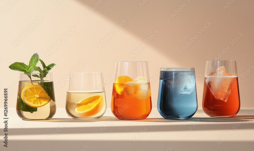 A series of glasses with assorted drinks, ideal for a beverage theme. A series of glasses with assorted drinks, ideal for a beverage theme.