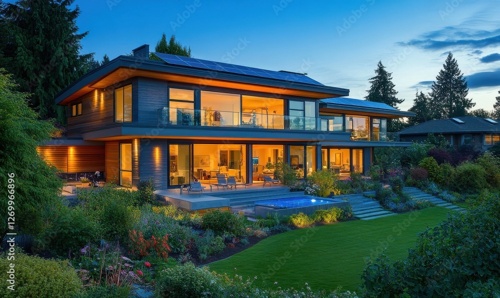 Modern house with solar panels illuminated at dusk in a serene garden setting near a peaceful neighborhood Modern house with solar panels illuminated at dusk in a serene garden setting near a peaceful neighborhood