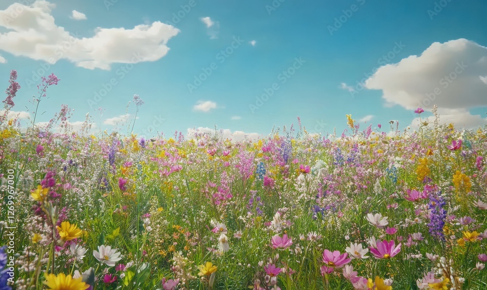 A blooming meadow with thousands of colourful wild flowers under a bright blue sky, symbolising freedom and joy A blooming meadow with thousands of colourful wild flowers under a bright blue sky, symbolising freedom and joy