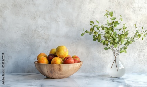 A simple arrangement of a wooden bowl filled with fruit, a vase holding a plant, placed on a marble surface against a textured wall. photo