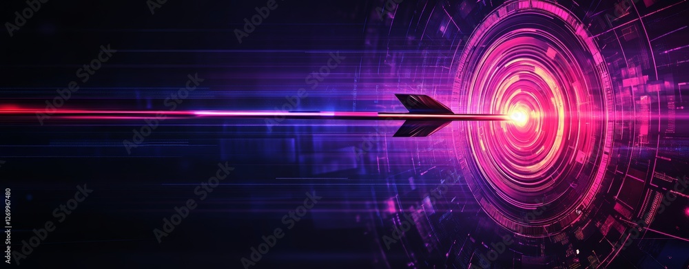 The picture shows a bright purple background accompanied by a bullseye and an arrow that hits the center, illustrating the ideas of concentration and achieving desired outcomes The picture shows a bright purple background accompanied by a bullseye and an arrow that hits the center, illustrating the ideas of concentration and achieving desired outcomes
