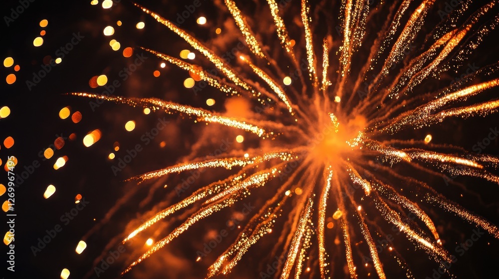 Fototapeta premium A stunning display of vibrant orange and gold fireworks lighting up the night sky, creating a festive and celebratory atmosphere.