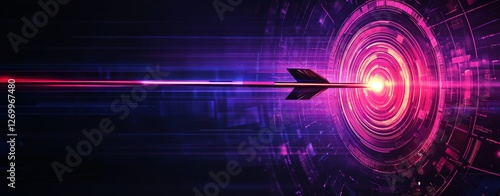 The picture shows a bright purple background accompanied by a bullseye and an arrow that hits the center, illustrating the ideas of concentration and achieving desired outcomes