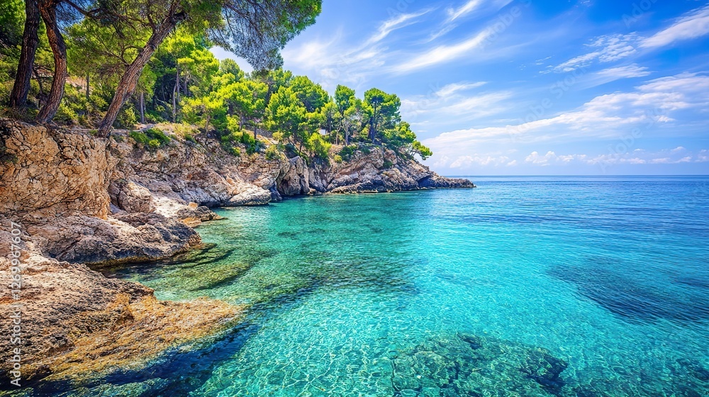 Fototapeta premium Scenic view of a seaside coastline with clear blue waters.