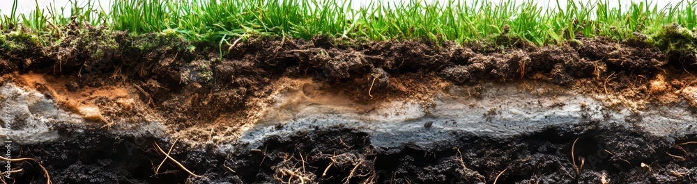 A soil cross section illustrates ecological diversity and earth structure by showcasing grass roots and a variety of soil types A soil cross section illustrates ecological diversity and earth structure by showcasing grass roots and a variety of soil types