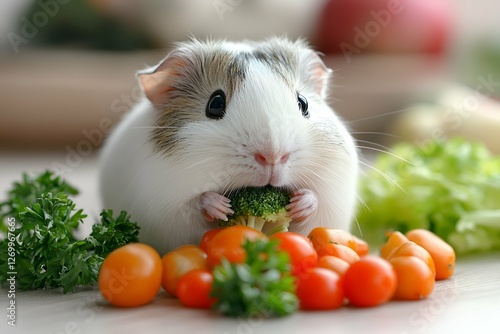 Cute guinea pig eating fresh vegetables, surrounded by cherry tomatoes, parsley, and broccoli, concept of healthy pet nutrition