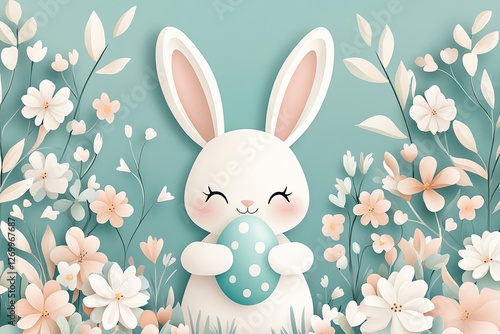 Adorable Easter Bunny Holding Pastel Egg Amidst Flowers