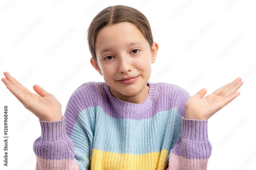 A young girl in a colorful sweater smiling and shrugging her shoulders against a white background. A young girl in a colorful sweater smiling and shrugging her shoulders against a white background.