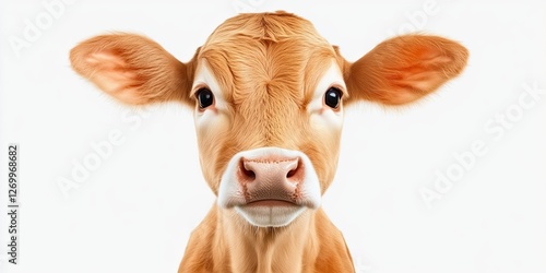 Adorable light brown calf stands against a plain white background
