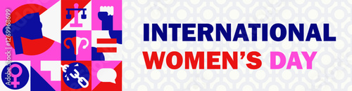 Modern feminist panoramic banner for International Women's Day with human rights geometric icons, personal boundaries signs, equality symbols. Simple header in pink, red, blue, white. Bold Minimalism