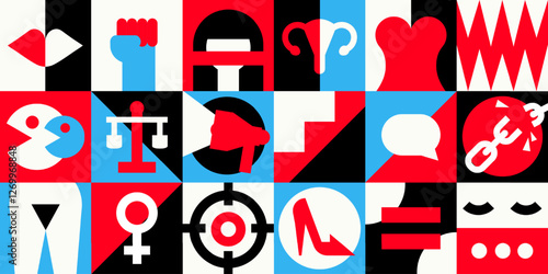 Feminist seamless pattern for International Women's day in red, black, blue, white color with powerful geometric symbols, icons, signs. Equality, empowerment, resistance, human rights. Bold Minimalism