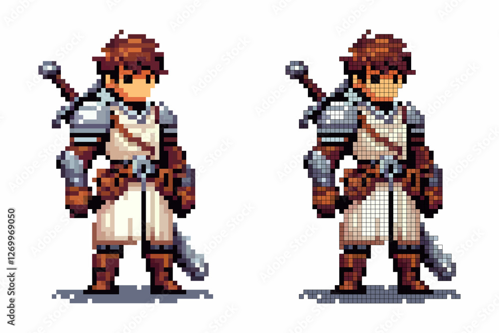 Fototapeta premium A pixel art warrior stands confidently, wearing medieval armor and holding a sword. The character is designed in vibrant colors, suggesting bravery and readiness for battle in a fantasy realm