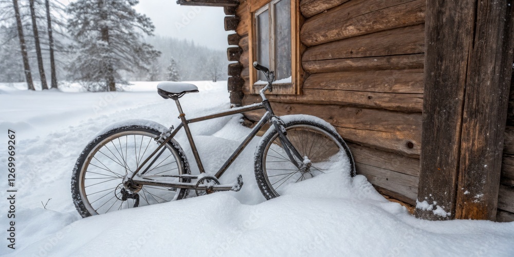 Winter bike resting against a rustic log cabin surrounded by snow-covered trees in a tranquil forest setting