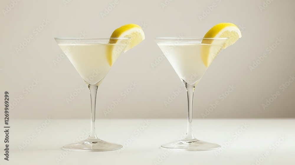 Two classic martinis set against a white backdrop. Two classic martinis set against a white backdrop.