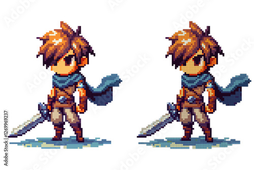 A young hero in colorful pixel art, wielding a sword, stands poised for action in a dynamic fantasy environment. The character radiates determination and bravery