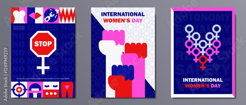 Set of Bold feminist posters in geometric Bauhaus style with symbolic illustrations: equality, empowerment, women's rights, strength concept. Feminism movement. International Women's Day graphic cards