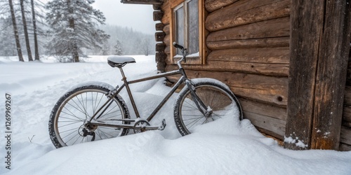 Winter bike resting against a rustic log cabin surrounded by snow-covered trees in a tranquil forest setting