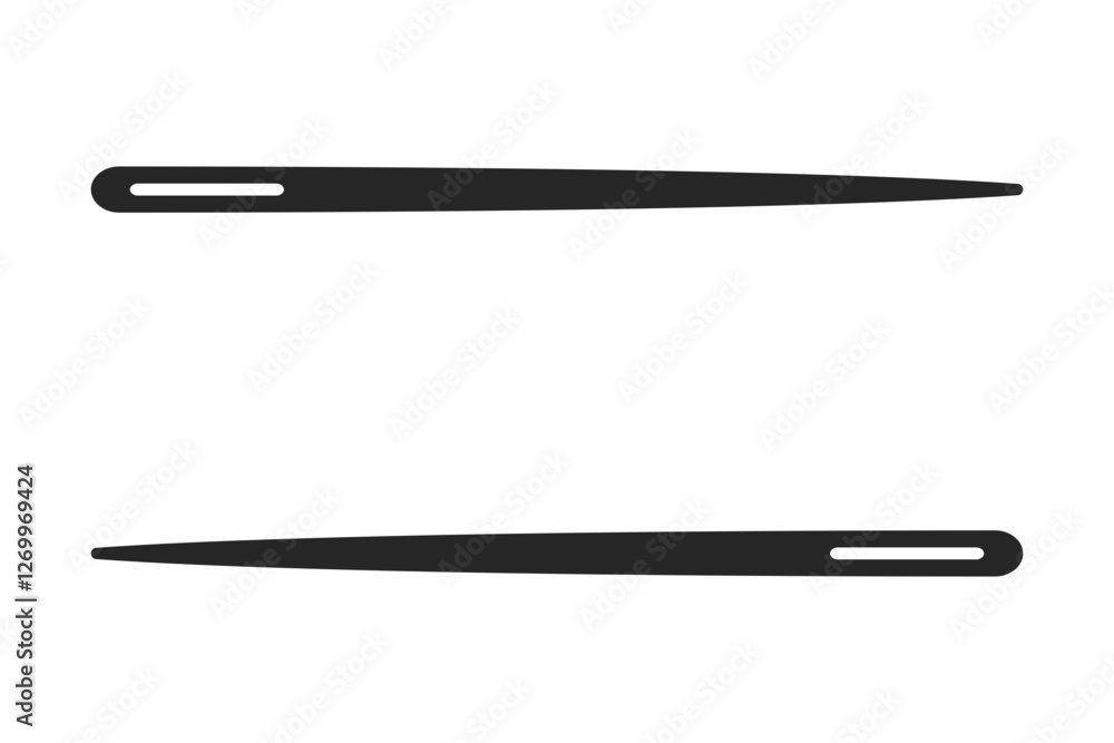 Two sewing needles facing opposite directions forming a border with copy space in between in silhouette vector Two sewing needles facing opposite directions forming a border with copy space in between in silhouette vector