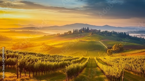 Vineyards and landscape at sunrise with rolling hills.