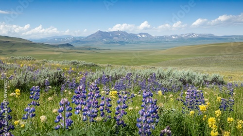 Wild lupine flowers scattered among rolling hills.